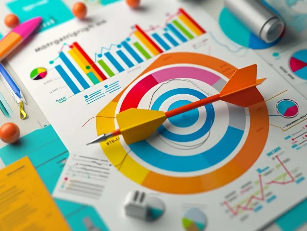 A dart over papers containing pie charts and bar charts and other statistics