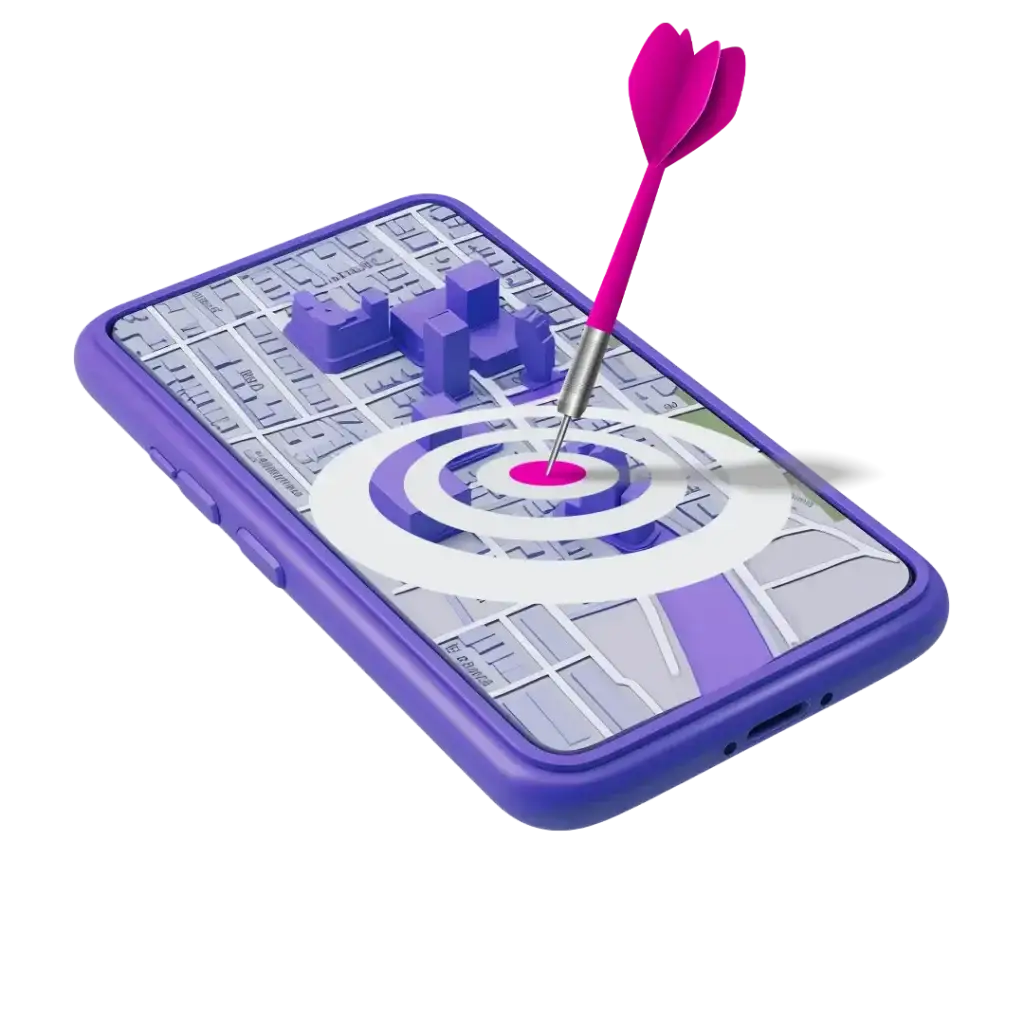 Abstract 3D view of an app on a phone popping out with a dart hitting it signifying targeted app marketing