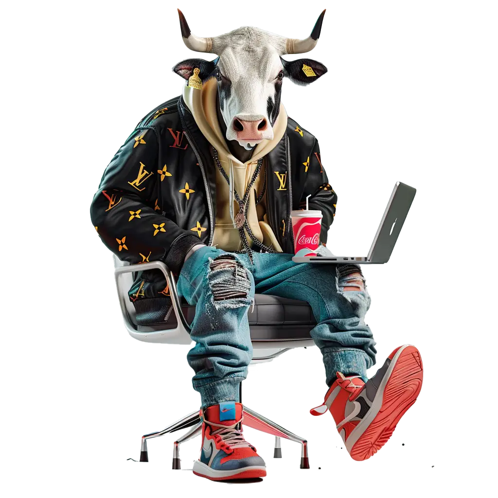 A cow working on a laptop wearing famous brands symbolizing the power of branding