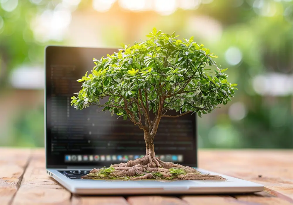 a metaphor of SEO as a tree sprouting from a laptop implying that it is a tree that keeps on giving when nurtured