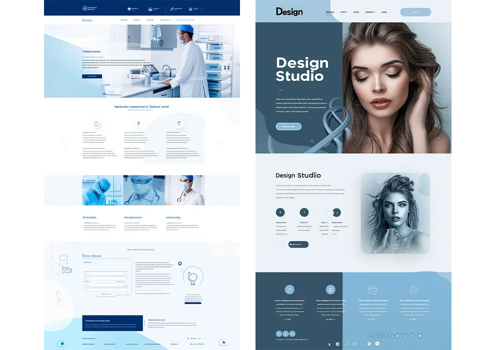 wireframes and mockups of two websites - one for beauty and one for doctors transparent