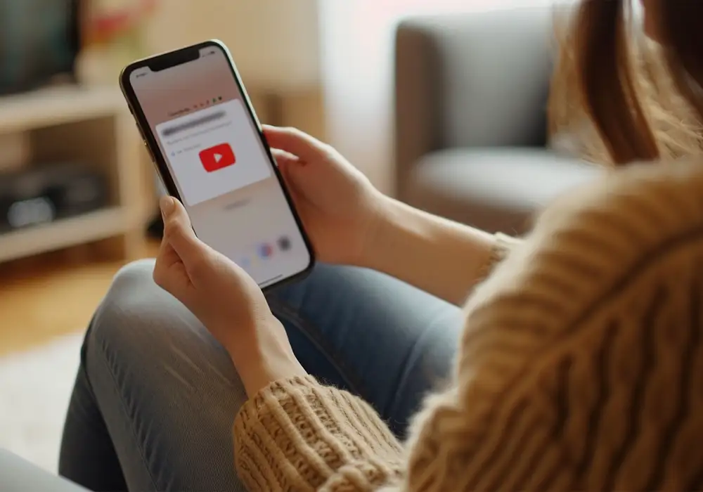 woman watching YouTube on her phone