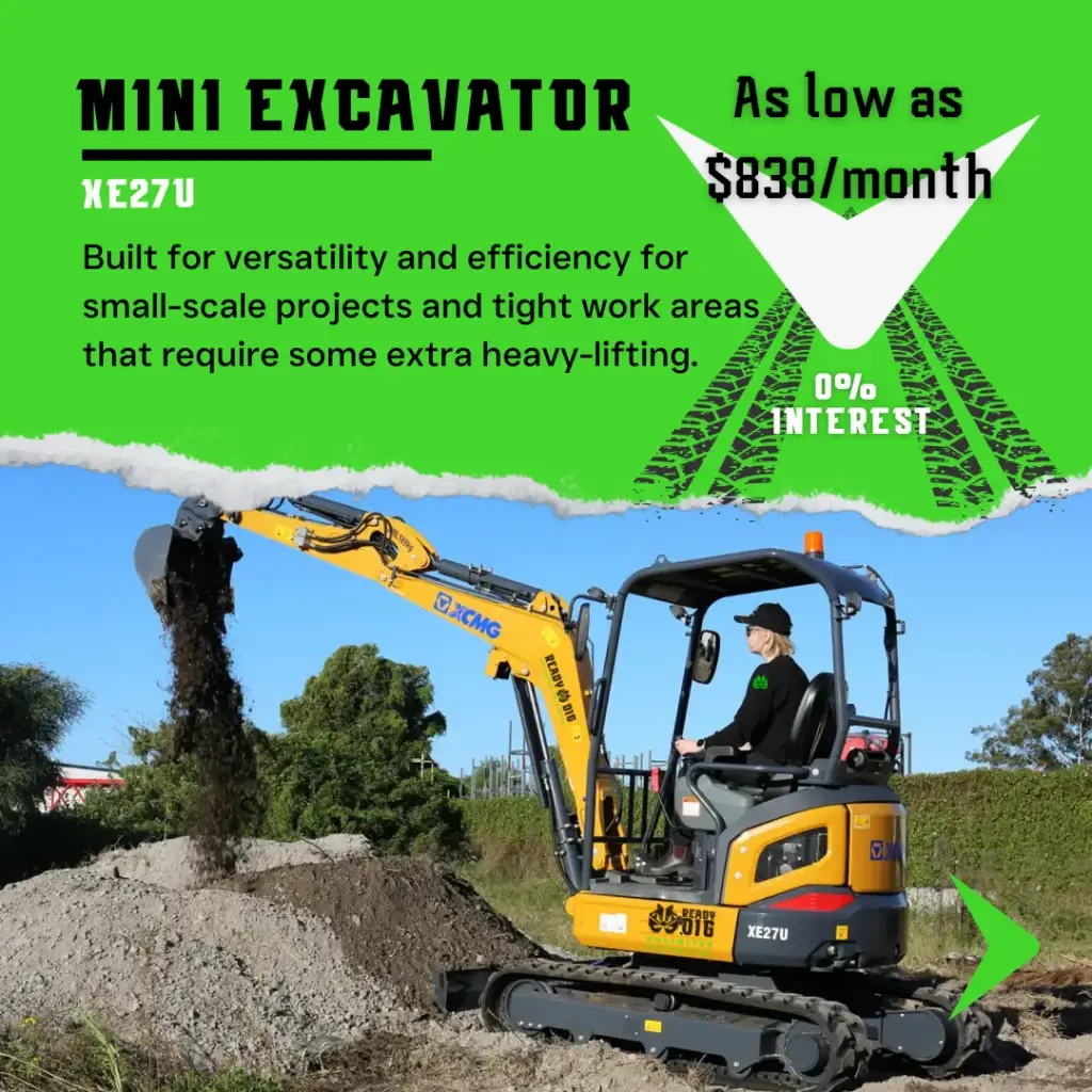 image of a mini excavator being driver by an operator with a green tear showing the brand of ReadyDig