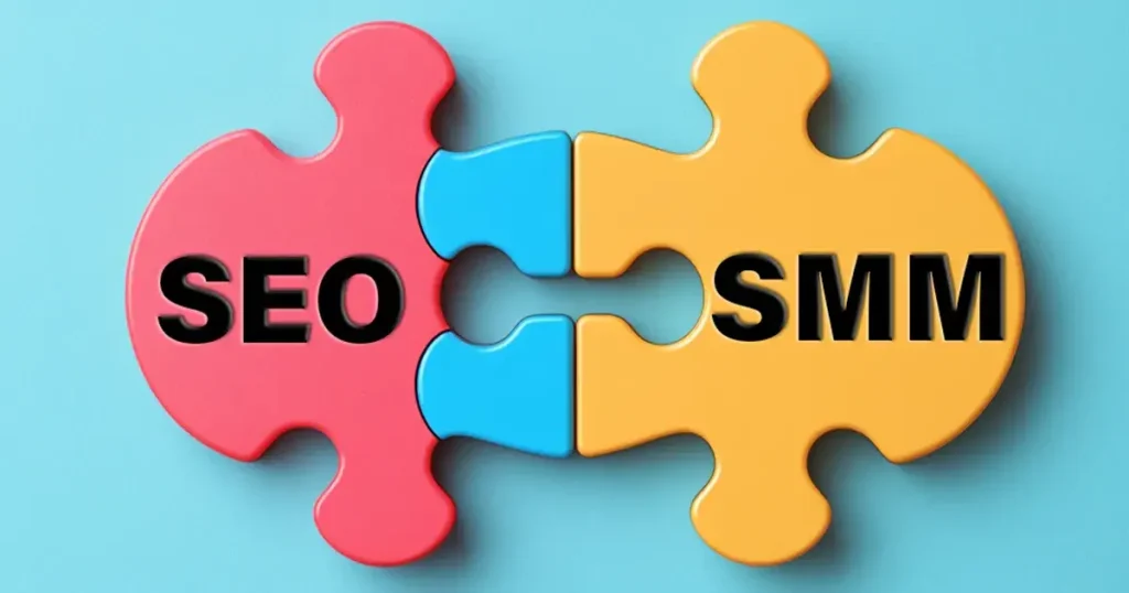 An image showing two puzzle pieces in contact with SEO labeled on one and SMM labeled on the other to show how social media marketing and SEO are connected..