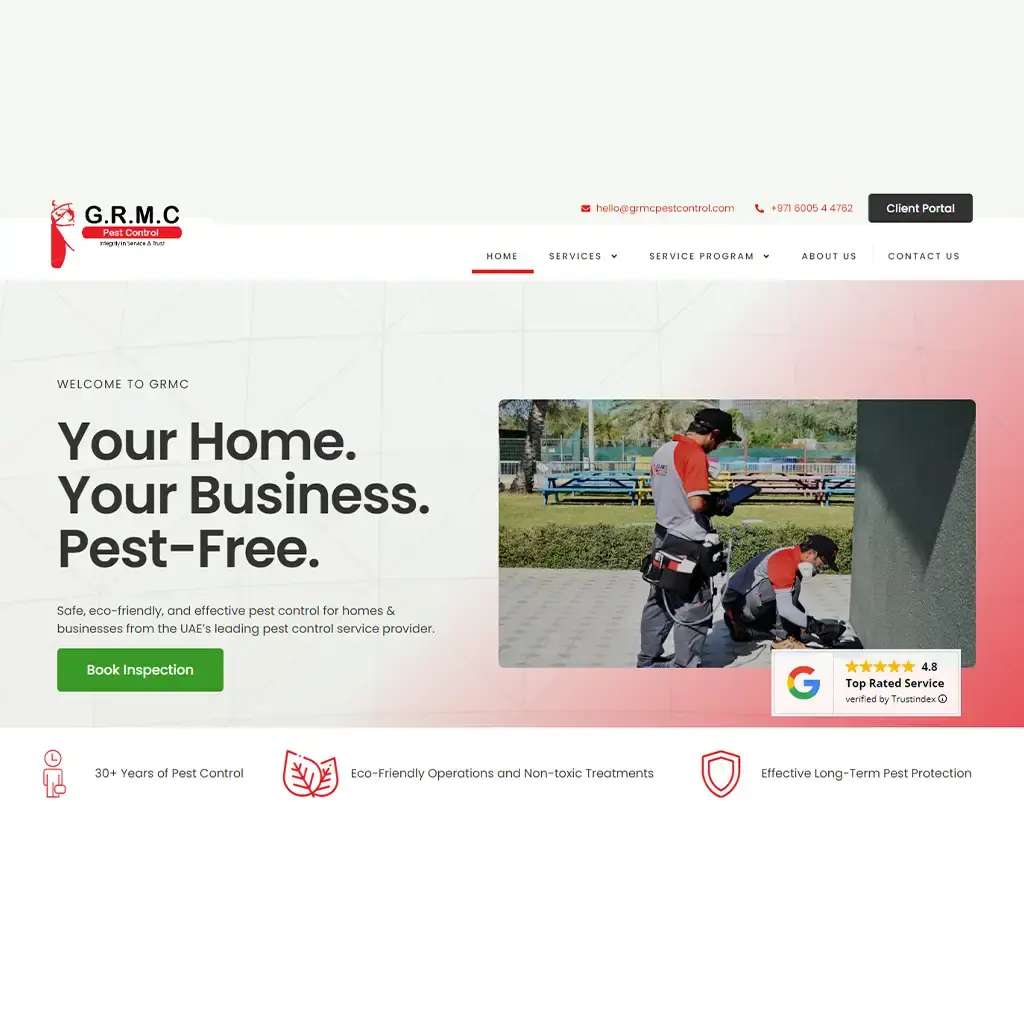Homepage of GRMC Pest Control’s website showing two technicians performing pest control services outdoors, alongside bold text reading 'Your Home. Your Business. Pest-Free.' and a green 'Book Inspection' button. Includes TrustIndex badge showing a 4.8-star Google rating.
