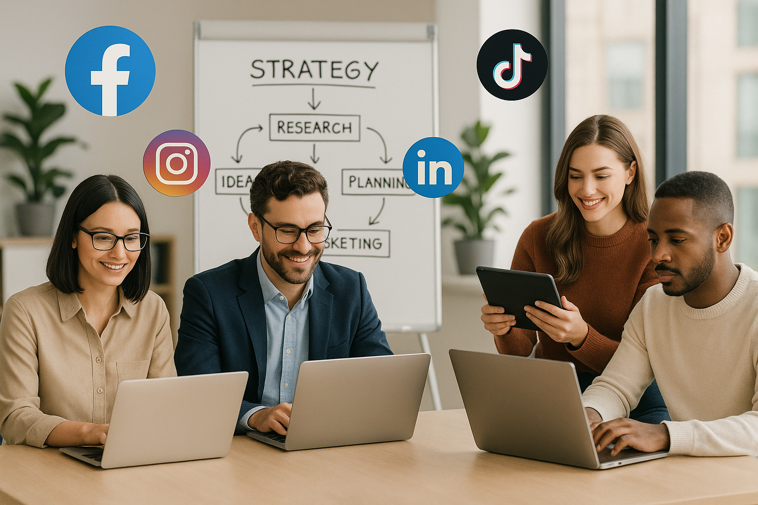 A team of four diverse marketing professionals work together in a bright, modern office. They are using laptops and a tablet, smiling and engaged in discussion. Floating icons for Facebook, Instagram, LinkedIn, and TikTok surround them, symbolizing social media. Behind them, a whiteboard displays a strategy flowchart with steps labeled "Research," "Ideas," "Planning," and "Marketing." The atmosphere is professional, clean, and collaborative, reflecting a digital marketing theme