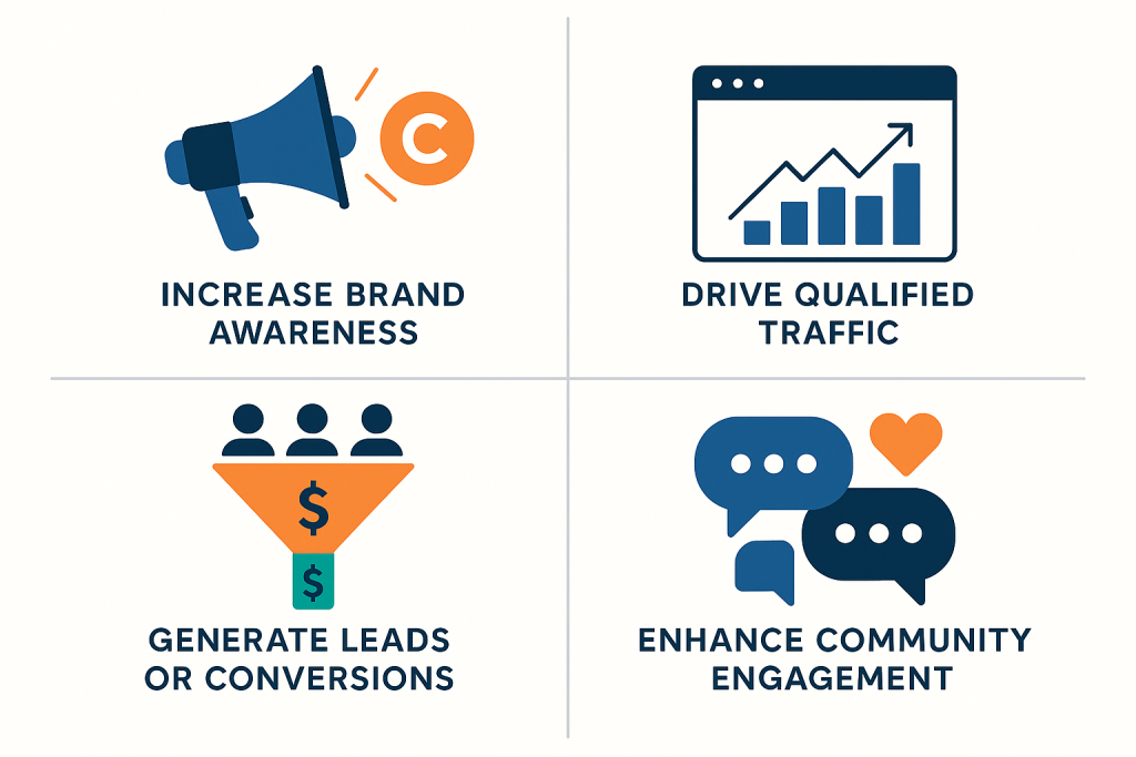 A clean, flat-style infographic divided into four sections, each representing a digital marketing goal. Top left: a megaphone icon with the text "Increase Brand Awareness." Top right: a web browser with a rising bar chart labeled "Drive Qualified Traffic." Bottom left: a funnel icon turning people into dollar symbols, titled "Generate Leads or Conversions." Bottom right: speech bubbles and a heart icon with the text "Enhance Community Engagement." The design is modern and professional with bold colors and clear visuals