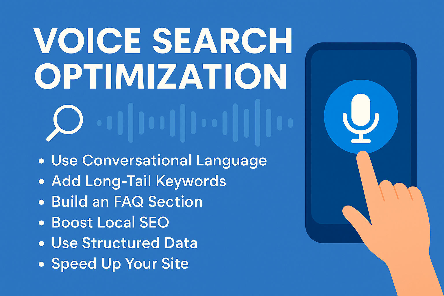 Infographic illustration showing voice search optimization process with icons of smartphone, voice assistant, search results, and SEO symbols