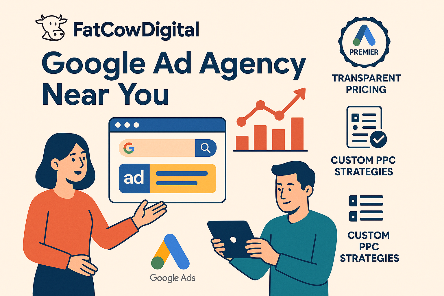 Illustration promoting FatCowDigital as a top local Google Ad Agency, featuring cartoon-style characters discussing PPC strategies, a browser window displaying a Google ad, upward graph icon, and badges highlighting 'Google Premier Partner', 'Transparent Pricing', and 'Custom PPC Strategies