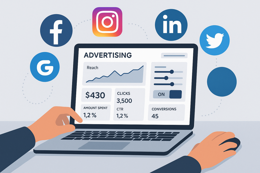 Digital marketer managing paid social media campaigns with performance dashboard and social media icons