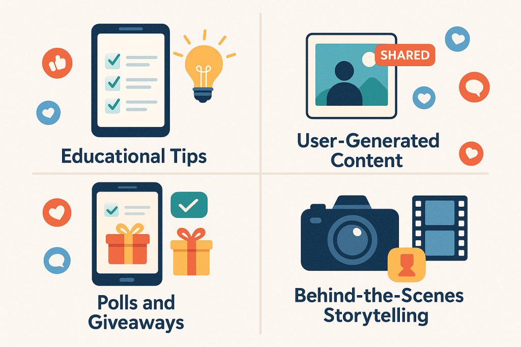 A colorful, flat-style infographic divided into four quadrants, each representing a social media content strategy. Top left: a smartphone with a checklist and lightbulb icon labeled "Educational Tips." Top right: a user profile image with a "Shared" label titled "User-Generated Content." Bottom left: a phone screen with gift boxes and checkmarks, labeled "Polls and Giveaways." Bottom right: a camera and filmstrip icon with the text "Behind-the-Scenes Storytelling." Social media icons like hearts, thumbs-up, and speech bubbles are scattered around the layout