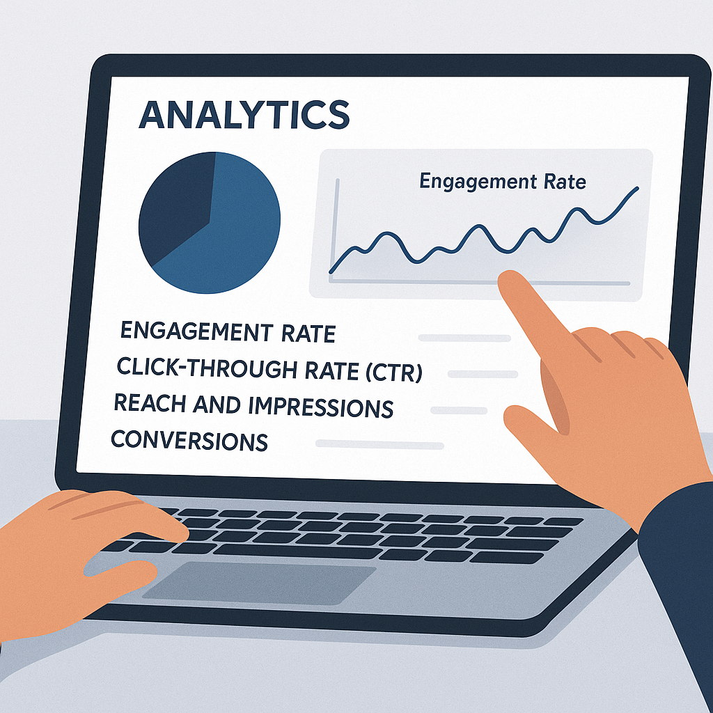 Person analyzing digital marketing KPIs on a laptop screen showing engagement rate, CTR, reach, impressions, and conversions in a clean, modern dashboard