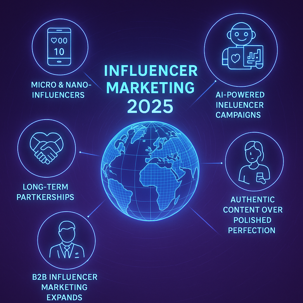 A digital infographic titled "Influencer Marketing 2025" features a glowing blue globe at the center, with neon-style trend labels branching out. Each trend is represented by an icon: a smartphone for "Micro & Nano-Influencers," a robot for "AI-Powered Influencer Campaigns," a person icon for "Authentic Content Over Polished Perfection," a handshake for "Long-Term Partnerships," and a businessperson for "B2B Influencer Marketing Expands." The background is a futuristic purple with digital connection lines