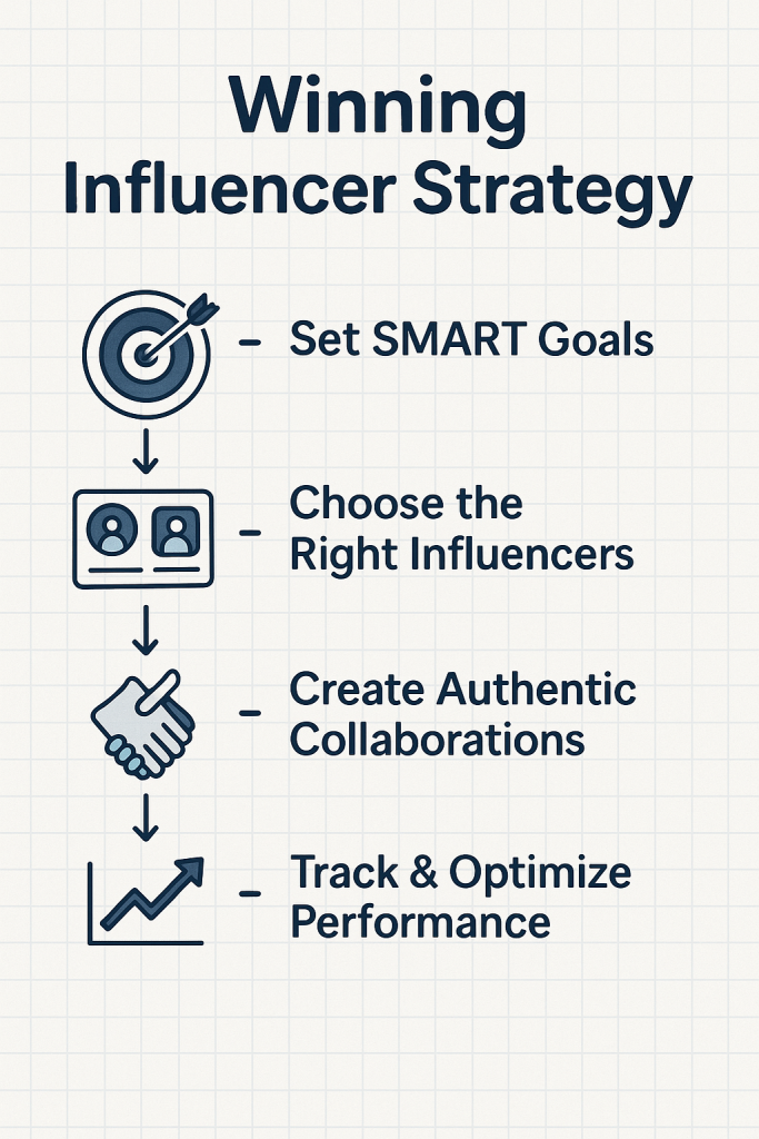 : A clean infographic titled "Winning Influencer Strategy" on a grid background. It outlines four key steps with corresponding icons: a dartboard icon for “Set SMART Goals,” a profile selection icon for “Choose the Right Influencers,” a handshake for “Create Authentic Collaborations,” and an upward graph for “Track & Optimize Performance.” The design is minimal and professional, presented in blue tones