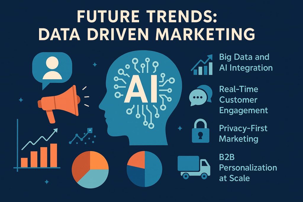 Illustration showing future trends in data driven marketing with AI integration, real-time customer engagement, privacy-first marketing, and B2B personalization on a dark blue background
