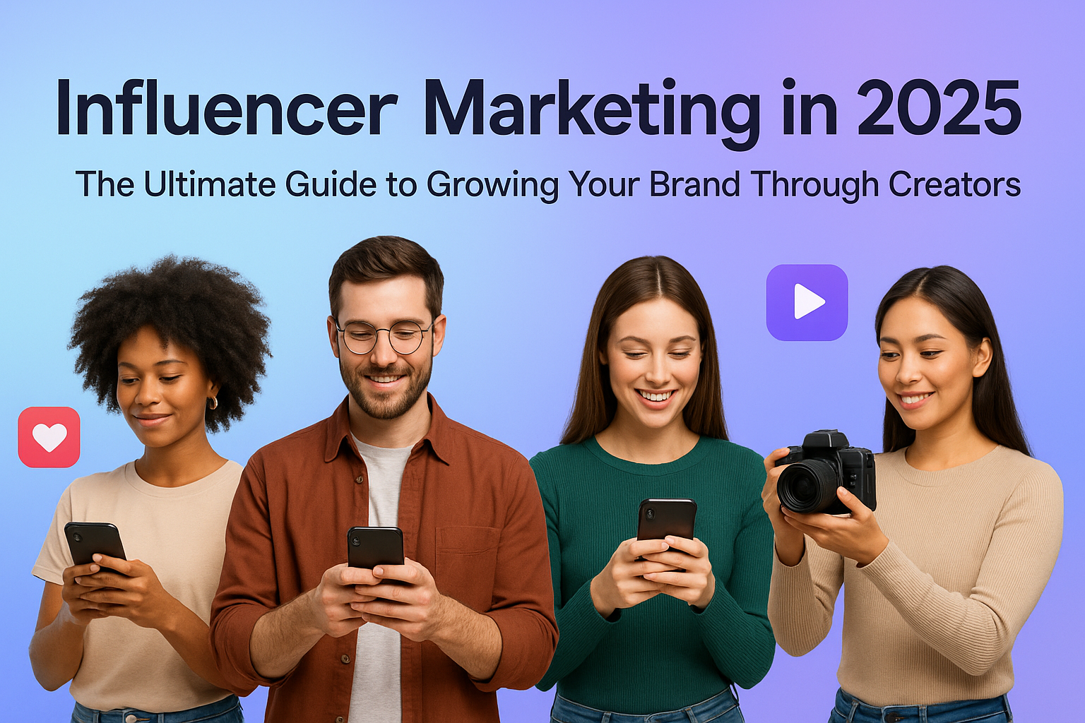 Four diverse influencers using smartphones and a camera, standing under the title 'Influencer Marketing in 2025: The Ultimate Guide to Growing Your Brand Through Creators' on a blue-to-purple gradient background with digital icons