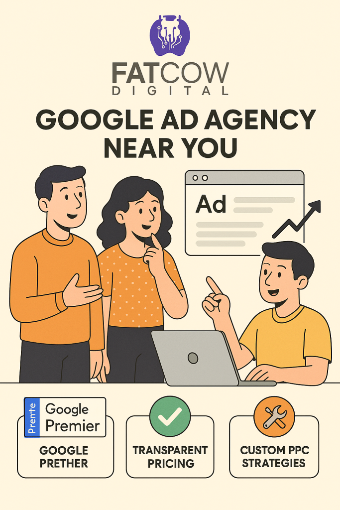 Flat-style illustration featuring FatCowDigital's logo with three characters discussing PPC strategy. Text reads 'Google Ad Agency Near You' above a browser window with an upward arrow. Icons below highlight key benefits: Google Premier Partner, Transparent Pricing, and Custom PPC Strategies