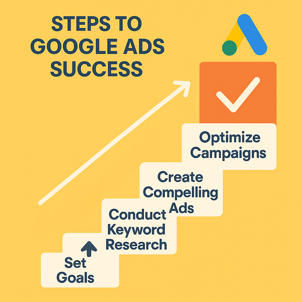 Steps to Google Ads Success' showing a staircase with four labeled steps: Set Goals, Conduct Keyword Research, Create Compelling Ads, and Optimize Campaigns. An upward arrow and checkmark lead to the Google Ads logo, representing growth and success