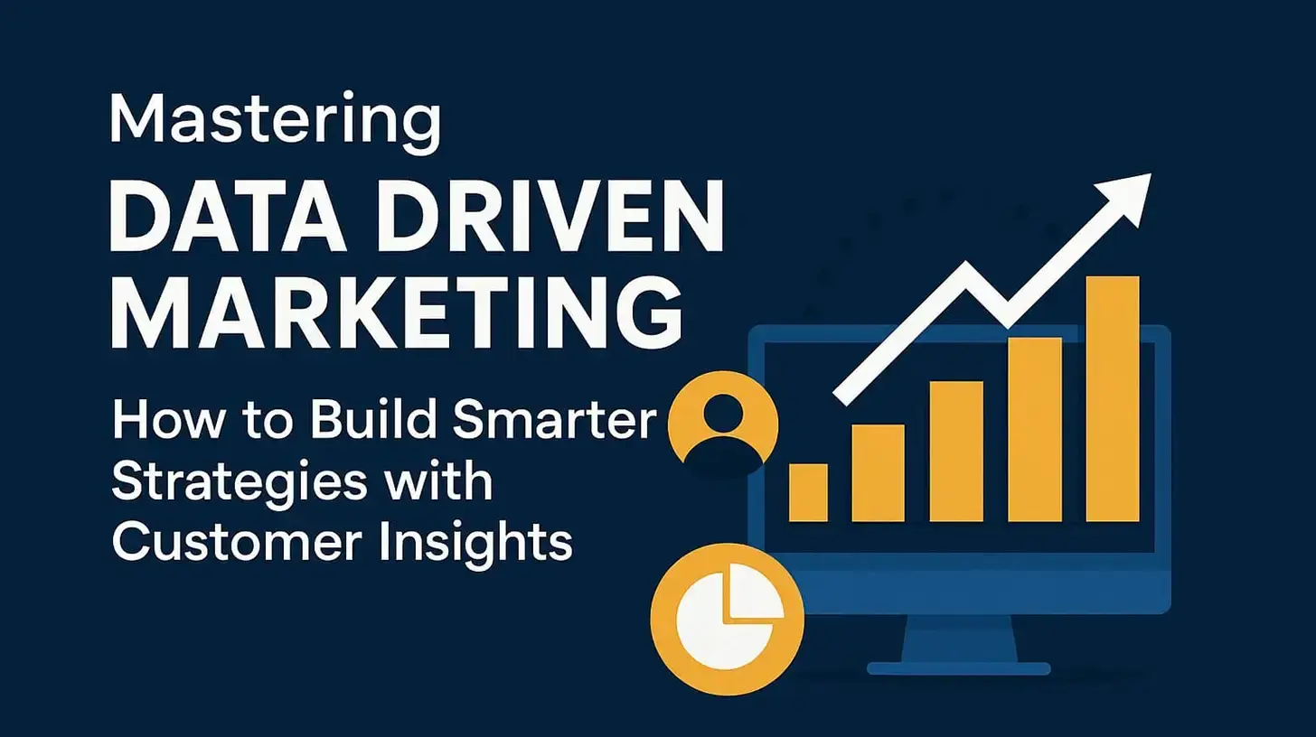 Cover image for Mastering Data Driven Marketing guide showing a rising bar graph on a computer screen, customer icons, and a pie chart on a dark blue background