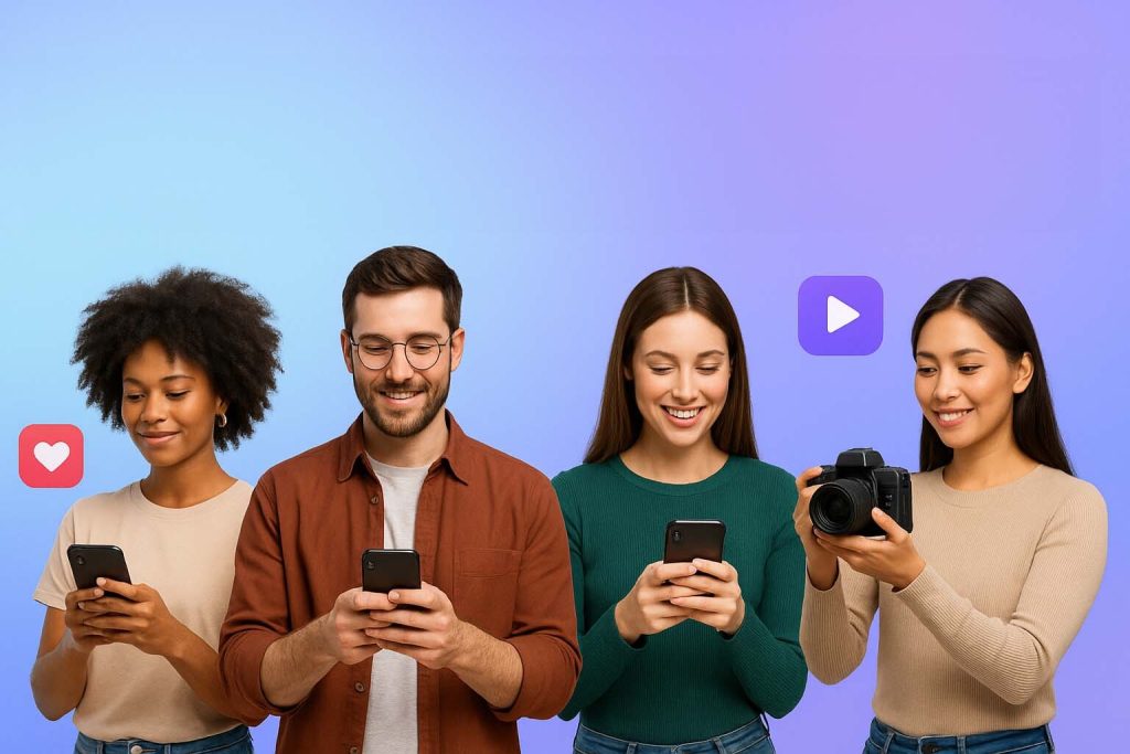 Four diverse influencers using smartphones and a camera, standing under the title 'Influencer Marketing in 2025: The Ultimate Guide to Growing Your Brand Through Creators' on a blue-to-purple gradient background with digital icons