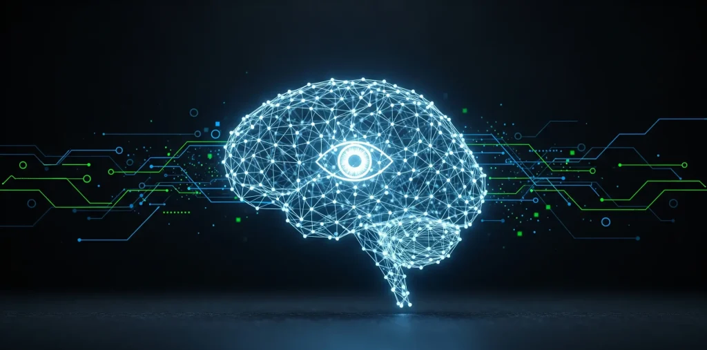 A striking, minimalist image symbolizing the AI revolution. The focal point is a stylized, glowing brain rendered as a network of interconnected nodes and lines, resembling a circuit board or a neural network. This brain sits at the center of the frame against a dark, slightly textured background. Emanating from the brain are subtle, abstract geometric shapes and lines in electric blue and green, suggesting digital data flow and technological advancement. These lines extend towards the edges of the 16:9 frame, creating a sense of dynamic energy without being overly cluttered. A single, distinct, glowing artificial eye is embedded within the brain's structure. The overall aesthetic is clean and modern, with a depth of field that keeps the brain in sharp focus while the surrounding elements have a subtle blur. The lighting is low-key, with the glow from the brain being the primary light source, creating dramatic shadows and highlighting the intricate details of the network. There are no other objects or text present in the image.