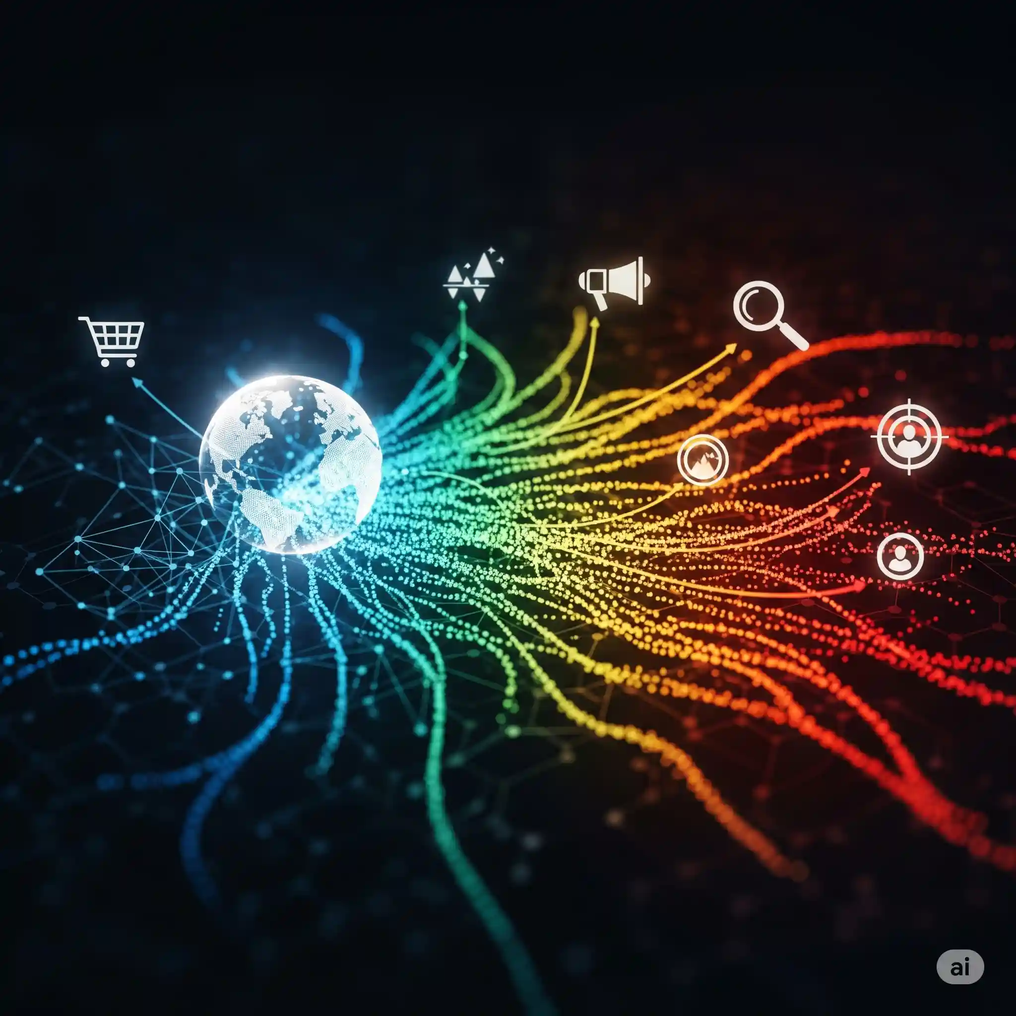 Abstract visualization of data-driven marketing, with colorful data streams flowing from a central globe to marketing icons like a shopping cart and a target