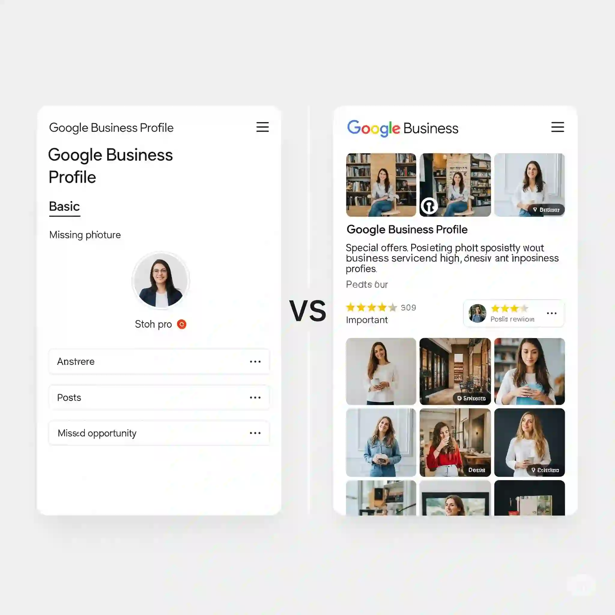 A comparison of an unoptimized vs optimized Google Business Profile, demonstrating the value of following a local SEO guide