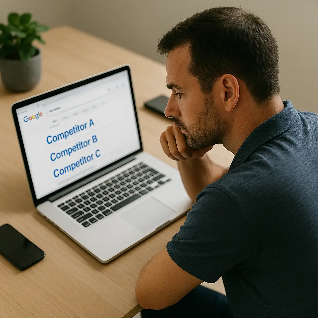 Over-the-shoulder view of a frustrated Mediterranean male business owner staring at a laptop screen showing Google search results with "Competitor A," "Competitor B," and "Competitor C" in bold blue text, as he rests his chin on his hand at a tidy desk.