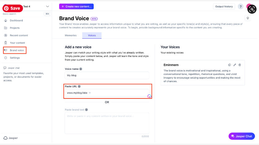A screenshot of the Jasper.ai interface showing the Brand Voice feature