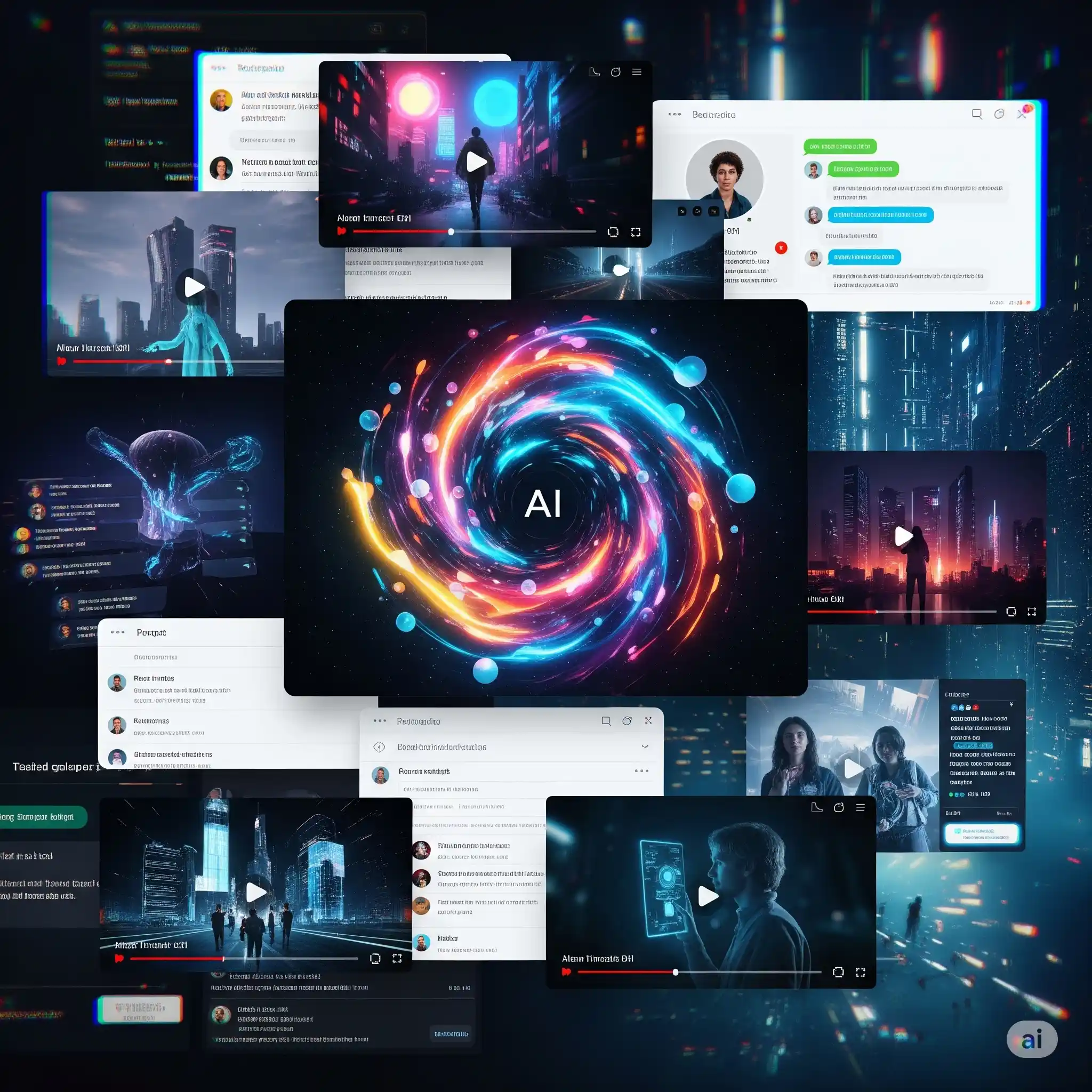 A dynamic collage of AI-generated art, chat interfaces, and video clips