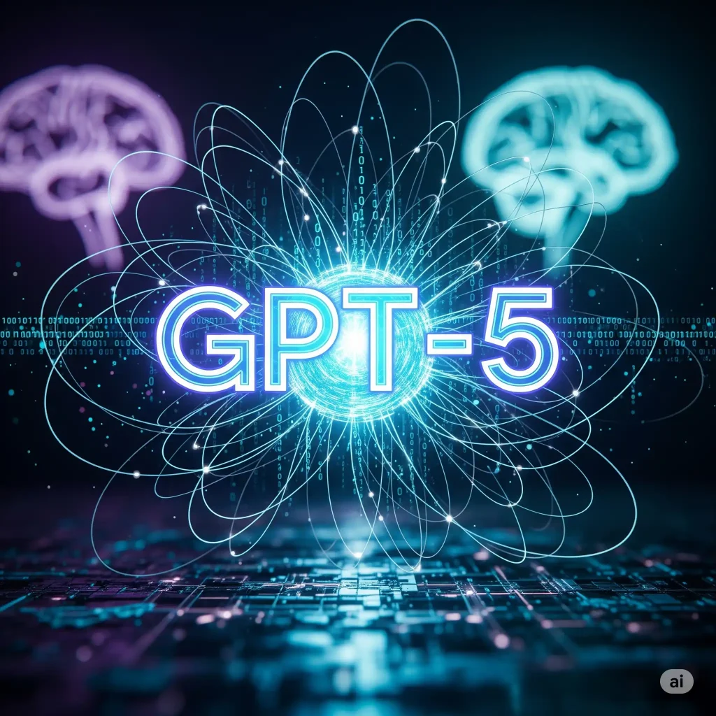A futuristic, sleek image with a glowing neon "GPT-5" logo at the center of a swirling, interconnected neural network, with abstract glowing brain shapes in the background.