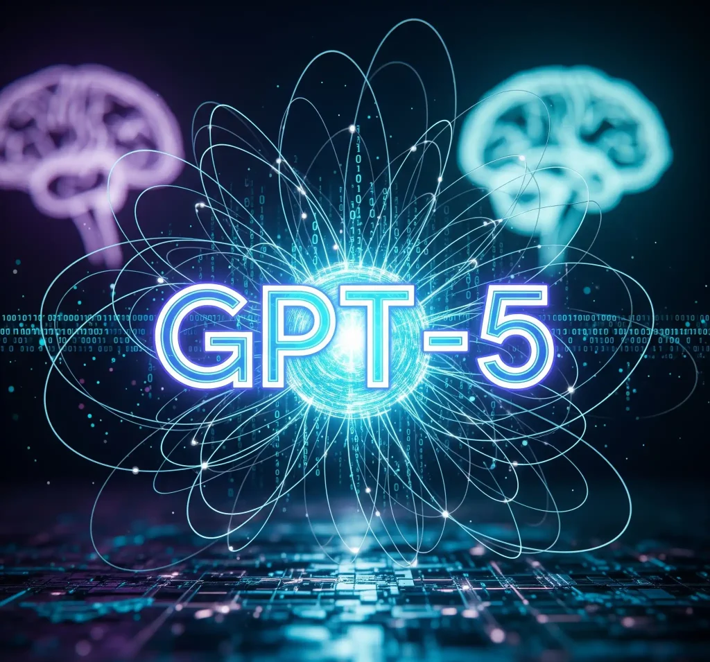 A futuristic, sleek image with a glowing neon "GPT-5" logo at the center of a swirling, interconnected neural network, with abstract glowing brain shapes in the background.
