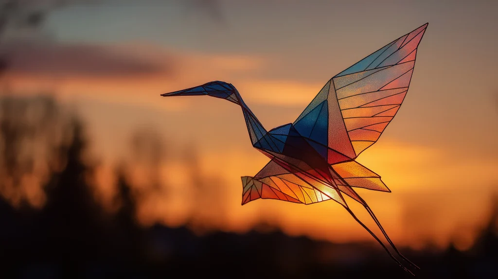 A glass-like origami crane with stained-glass textures and vibrant hues of blue, red, and yellow, gracefully flying in front of a soft-focus sunset sky, symbolizing creativity and upward motion.