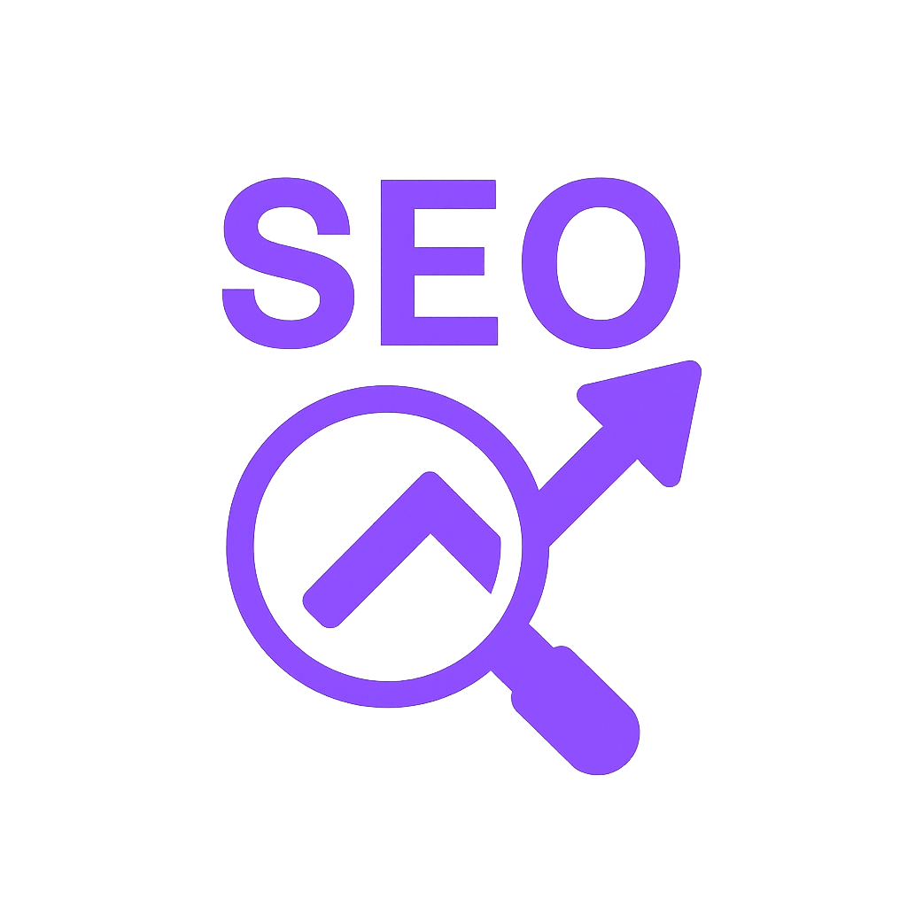 "Purple SEO icon with upward arrow inside a magnifying glass, symbolizing increased search engine visibility and growth
