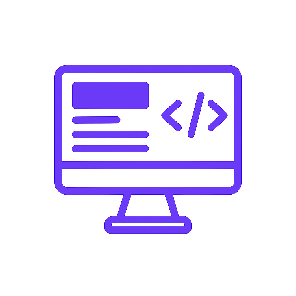 Purple icon of a computer monitor displaying web layout elements and HTML code, representing web design and development services.
