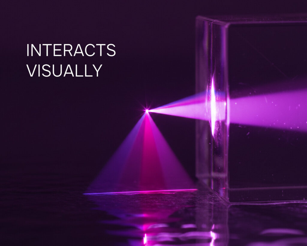 Purple and pink laser beam refracting through a transparent glass prism.