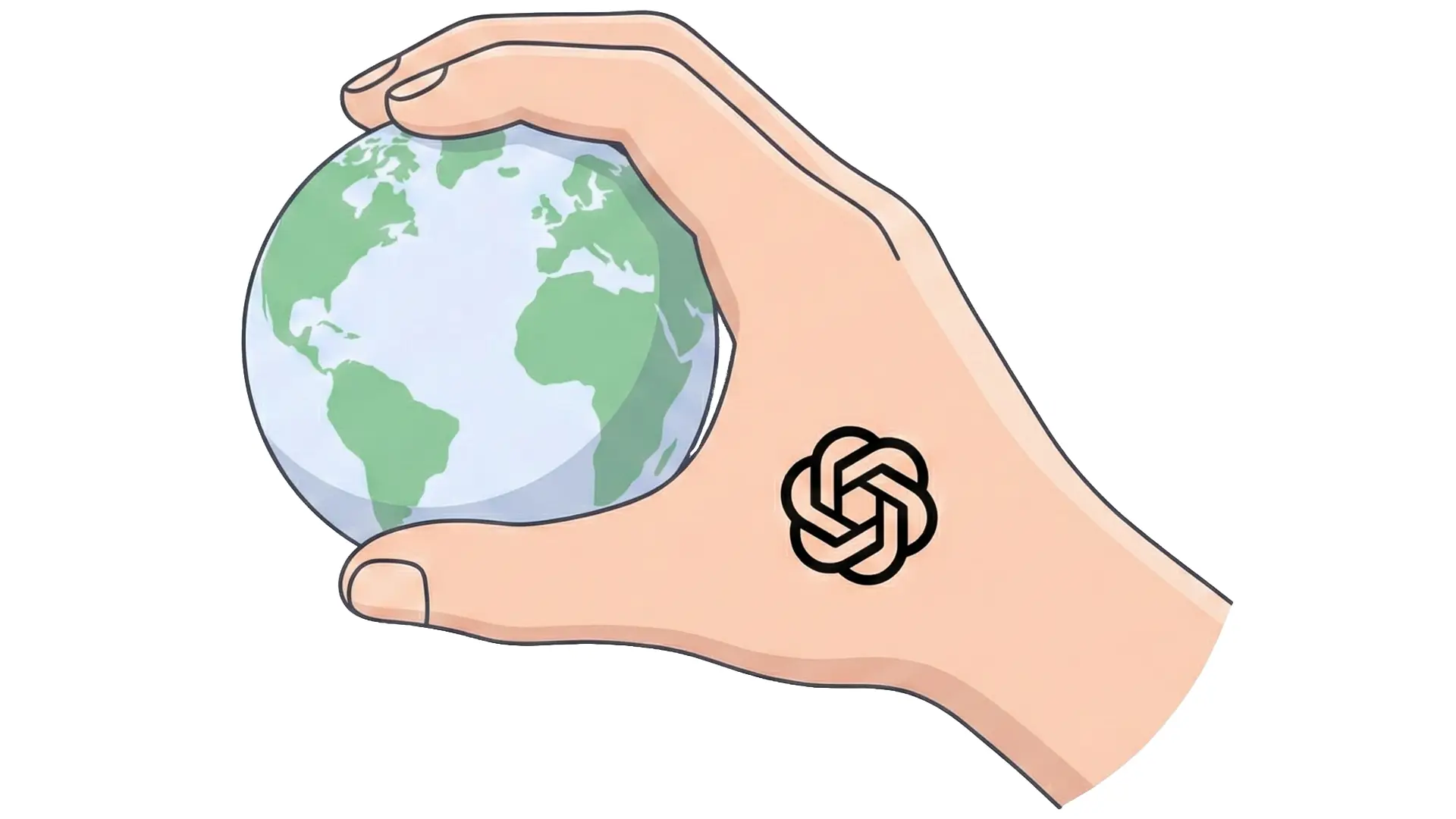 Illustration of a hand with chatGPT tattoo grabing earth as if taking over the world