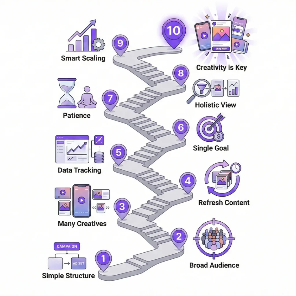 A ladder showcasing all the steps needed to succeed with meta ads now and in the future