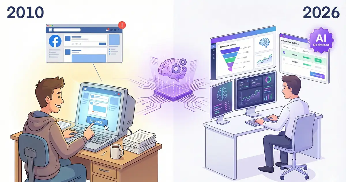 Illustration of the difference time era of a digital marketer working on Meta ads in 2010 and the 2026