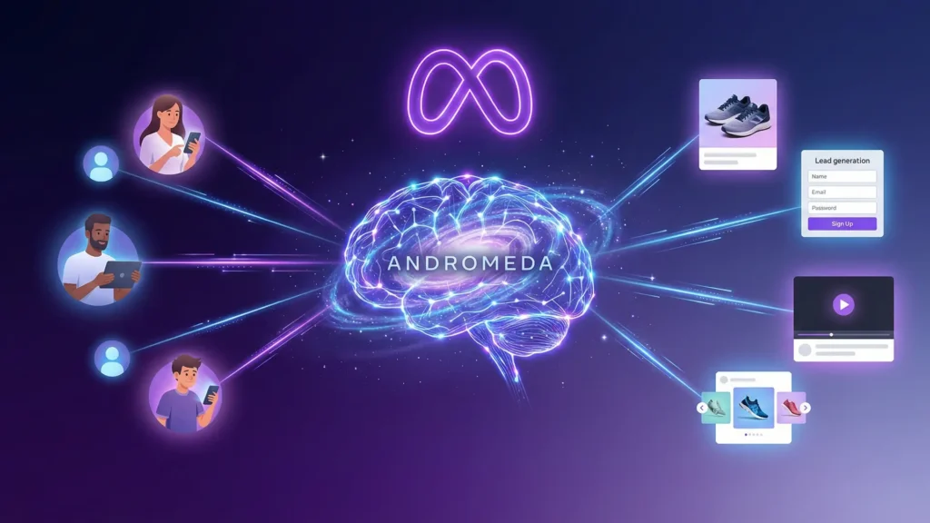 A super brain with Meta logo in a futuristic neon style dealing with all kinds of ads symbolizing the new update power and adaptability