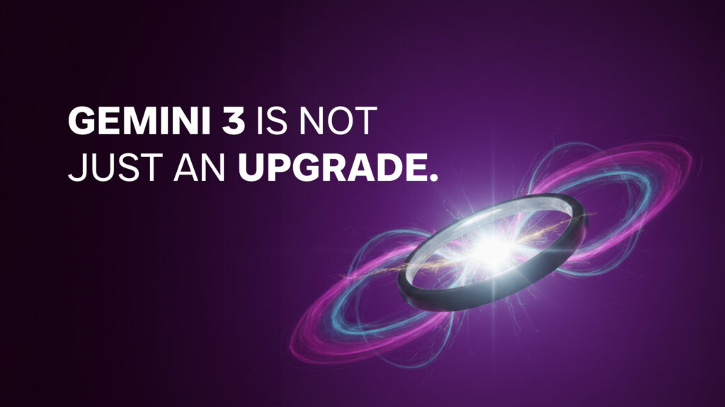 Futuristic glowing ring with swirling neon energy in pink and blue tones on a dark purple background.