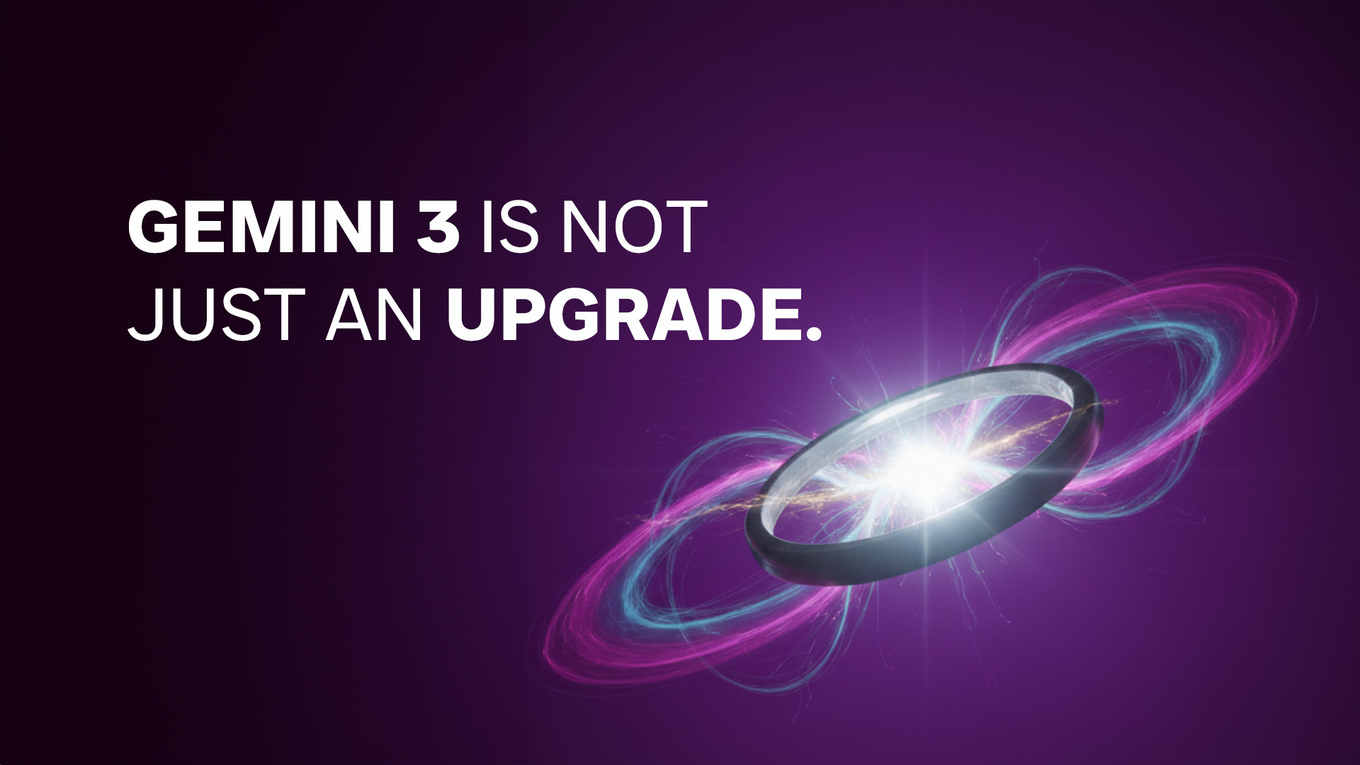 Futuristic glowing ring with swirling neon energy in pink and blue tones on a dark purple background.