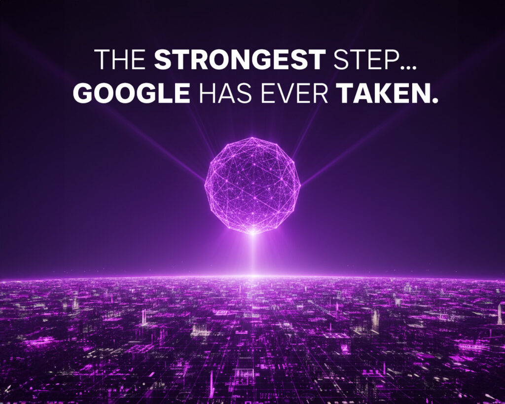 Floating geometric sphere made of glowing purple lines above a futuristic digital city grid.