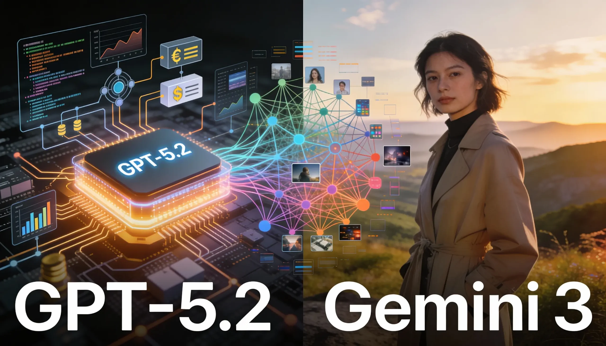 GPT-5.2 vs Gemini 3 comparison showing agentic AI workflows, deep reasoning, and enterprise automation
