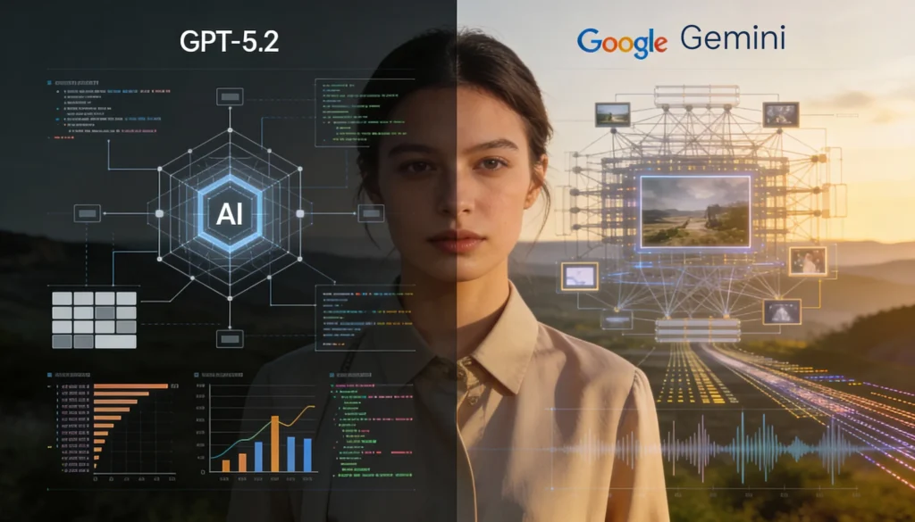 GPT-5.2 vs Gemini 3 AI comparison showing reasoning accuracy and context window capabilities