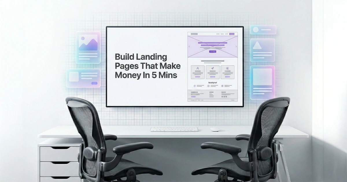 Office setting with a screen written on it Build Landing Pages That Make Money in 5 Mins