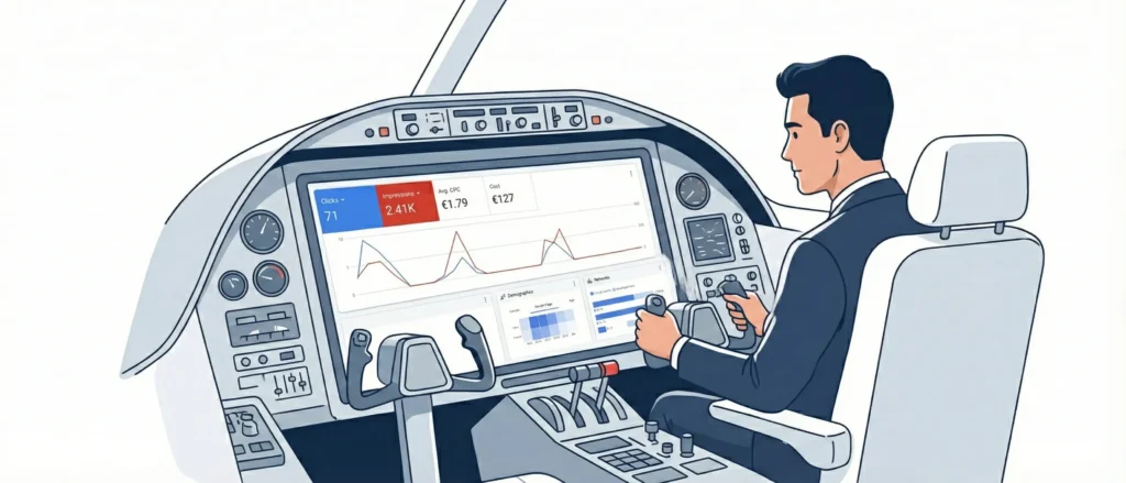 An editorial-style illustration of a man in a business suit sitting in an airplane cockpit holding the controls. Instead of traditional flight instruments, the main windshield displays a large Google Ads dashboard showing performance graphs, clicks, and impression metrics against a clean white background.