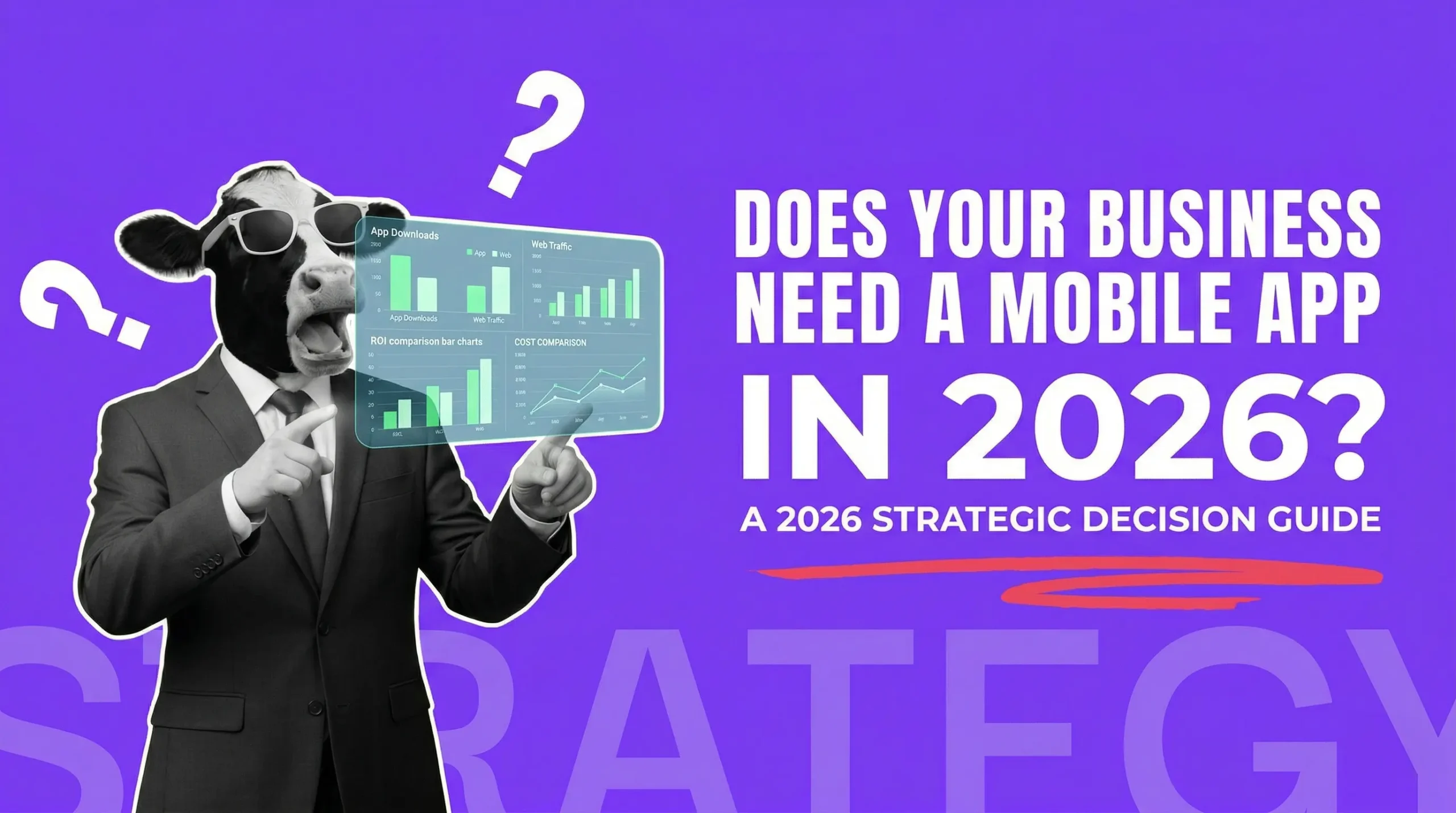 Fatcow Digital mascot pointing at a digital dashboard comparing mobile app and website metrics, with the title 'Does Your Business Need a Mobile App in 2026?'