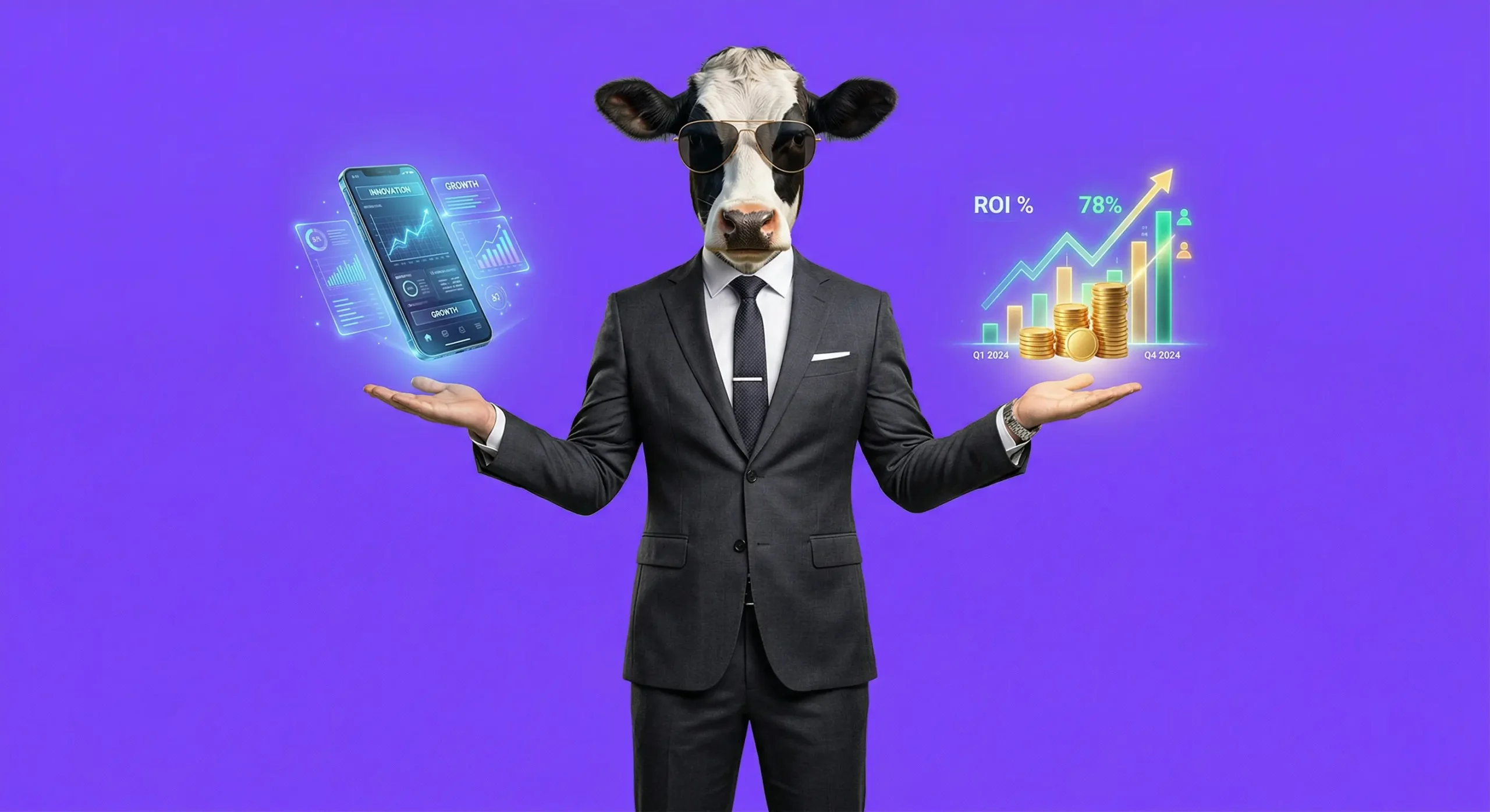 Fatcow Digital cow mascot balancing the cost and ROI of building a mobile app on a purple background.