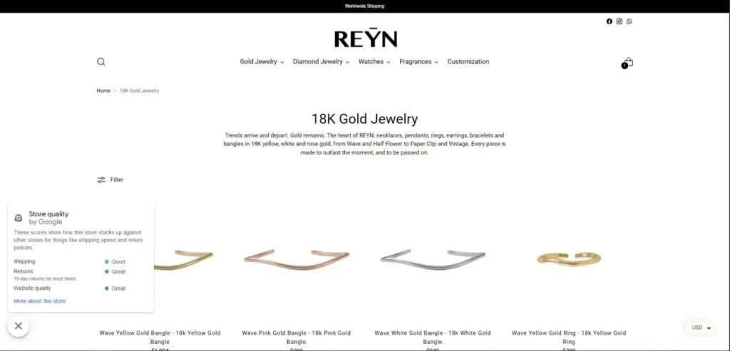 Screenshot of Digital Marketing Reyn Jewelry's website.